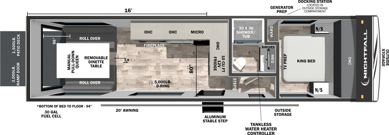 The Nightfall 270N floorplan is a toy hauler that has one entry and zero slide outs. Exterior features include: fiberglass exterior and 20' awning. Interiors features include: front bedroom.